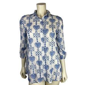 Johnny Was Jade Heart Embroidered Top Size XS Maeve Button Down White Blue Boho